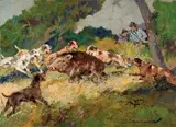 Caccia al cinghiale by Carlo Domenici, oil on faesite, offered Apr 2011