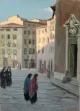 Lando Landozzi, Andando alla messa, oil on faesite