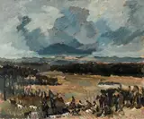 Giulio Cesare Giachetti, Cacciatori in Maremma, 1935, oil on compensato