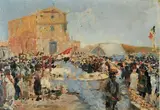 Giacinto Galbiati, Veduta di porto, oil on panel