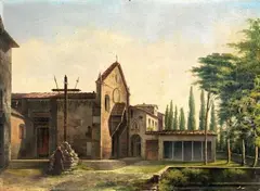 Fabio Borbottoni, Veduta della Chiesa di San Francesco a Fiesole, oil on paper