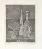 Giorgio Morandi, Natura morta con compostiera, bottiglia lunga e bottiglia scannellata, 1928, etching on paper India