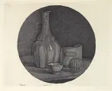 Giorgio Morandi, Grande natura morta circolare con bottiglia e tre oggetti