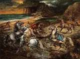 Cavalli spaventati e sbandati dalla tempesta e dalla folgore by Giorgio de Chirico, 1958, oil on canvas, offered Nov 2010