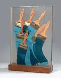Arman, Senza titolo, 1986, accumulazione di penelli inclusi in resina and poliestere on base in legno