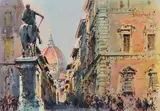 Michele Ortino, Veduta di Firenze, 1961, watercolour on paper applicata on cardboard