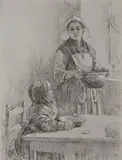 Louis Adan, Colazione, charcoal and rialzi a biacca on paper
