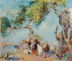 On the banks of the Nile by Edouard-Jacques Dufeu, oil on cardboard, offered Oct 2010