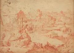 Paesaggio arcadico by Aureliano Milani, sanguigna on paper, offered Oct 2010