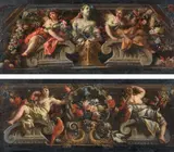 Francesco Solimena, «Due Virtù alate con busto di Flora su piedistallo» e «Due Virtù con vaso di fiori su piedistallo», oil on canvas
