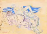 Fausto Pirandello, Nudi sulla spiaggia, pastelli on paper