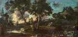 Giuseppe Zola, Paesaggio fluviale con figure, oil on canvas