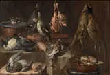 Felice Boselli, Natura morta con selvaggina, pollame, gatto, piccione e bacili di rame, oil on canvas