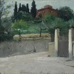 Ermanno Toschi, The gate, Sign at the bottom to the left.