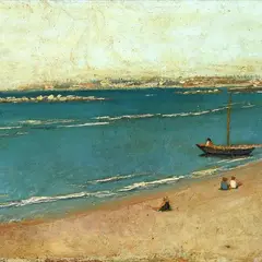 Marina with boat by Luigi Bianchi, 1948, offered Sep 2023
