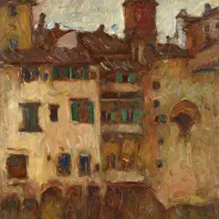 Giuseppe Graziosi, Old Bridge, On the reverse: Mario Galli Art Collection label.