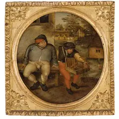 Scena di genere con due figure by Pieter Brueghel Il Giovane, oil on panel, offered Jun 2016