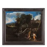 Giovanni Francesco Grimaldi, Paesaggio ideale con Tobia e l'Angelo, oil on canvas