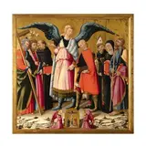 Tobia e San Raffaele Arcangelo, San Simone, San Taddeo, San Nicola da Tolentino, Sant'Agostino, Santa Monica e San Giacomo Maggiore by Neri Di Bicci, oil on panel, offered Jun 2016