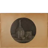 Giorgio Morandi, Grande Natura Morta circolare con bottiglia e tre oggetti, 1946