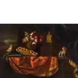 Antonio Gianlisi II, Natura morta con pappagallo, orologio, fiori e dolci, oil on canvas