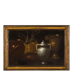 Gian Domenico Valentini, Natura morta con vaso e stoviglie, oil on canvas
