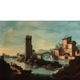 Apollonio Domenichini, APOLLONIO DOMENICHINI / Capriccio raffigurante paesaggio fluviale con torre, ponte e case, oil on canvas