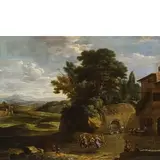 Gaspar de Witte, Paesaggio campestre con contadini che danzano, Firmato CASPAR/DE/WITTE F. in basso a sinistra su una pietra Olio su tela