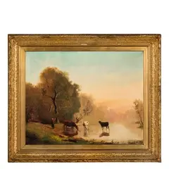 Théodore Levigne, 1848 - 1912 / Paesaggio lacustre con armenti e contadina / Firmato 'Th Lavigne' e datato 1879 in basso a destra, oil on canvas