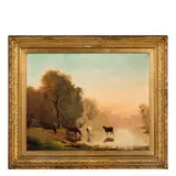 Théodore Levigne, 1848 - 1912 / Paesaggio lacustre con armenti e contadina / Firmato 'Th Lavigne' e datato 1879 in basso a destra, oil on canvas