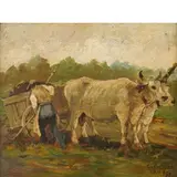 Contadino con buoi che trainano un carro / Firmato 'Gio Bartolena' e datato 10 11 897 in basso a destra by Giovanni Bartolena, oil on tavoletta, offered Nov 2016