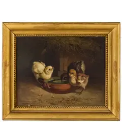 Andrea Cherubini, 1833 - ? / L'ora della pappa per i pulcini / Firmato ' A Cherubini' in basso a destra, oil on canvas