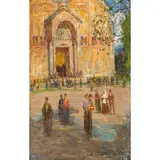 Angelo Dall'Oca Bianca, Verona 1858 - 1942 / L'uscita dalla chiesa / Firmato 'A Dall'Oca Bianca' in basso a destra
