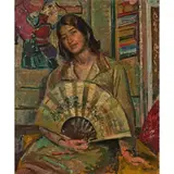 Alberto Salietti, Ravenna 1892 - Chiavari (Ge) 1961 / Ragazza con ventaglio / Firmato in basso a destra / Etichetta cartacea di esposizione