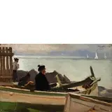 Evasio Montanella, Pra' (Ge) 1878 - 1940 / Pescatori in vedetta / Firmato 'E Montanella' e datato 1927 in alto a sinistra / Sul retro cartellino dell'atelier del pittore, oil on panel
