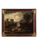 Domenico Brandi, Paesaggio con armenti, ponte e figure, oil on canvas