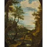 Antonio Marini, Paesaggio lacustre con ponte e cavalieri, oil on canvas