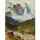Paesaggio di montagna con cime innevate / Firmato 'C Bentivoglio' in basso a sinistra by Cesare Bentivoglio, oil on panel, offered Mar 2017