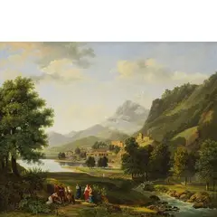 Paesaggio con torrente, lago, villaggio fortificato e figure by Nicolas-Didier Boguet, oil on canvas, offered May 2017