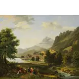 Nicolas-Didier Boguet, Paesaggio con torrente, lago, villaggio fortificato e figure, oil on canvas