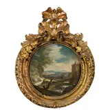 Cajetan Roos, Paesaggio con tempio in rovina e pastore, oil on panel tonda