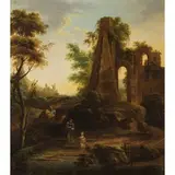 Jan de Momper, Paesaggio con rovine e viandanti, oil on canvas
