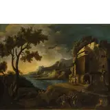 Michele Pagano, Paesaggio ideale con marina, rovine e il miracolo del cieco nato, oil on canvas