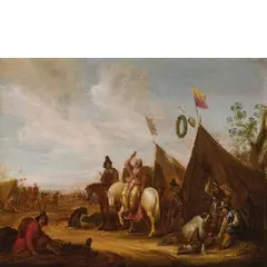 Abraham van der Hoef, Accampamento militare, oil on panel