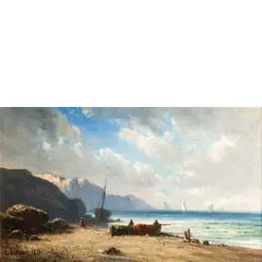 Eugenio Amus, Brescia 1834 - Bordeaux (Francia) 1899 / Veduta di una spiaggia con pescatori in Bretagna / Firmato 'E.Villiard' e datato 1877 in basso a sinistra, oil on canvas