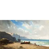 Eugenio Amus, Brescia 1834 - Bordeaux (Francia) 1899 / Veduta di una spiaggia con pescatori in Bretagna / Firmato 'E.Villiard' e datato 1877 in basso a sinistra, oil on canvas