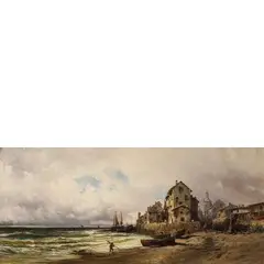 Eugenio Amus, Brescia 1834 - Bordeaux (Francia) 1899 / Veduta costiera con pescatore / Veduta costiera con case e pescatori / Firmato 'A. Godcahux' in basso a sinistra, oil on canvas