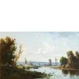 Eugenio Amus, Brescia 1834 - Bordeaux (Francia) 1899 / Fiume con barca ed un ponte nella regione di Bordeaux / Firmato 'E.Villard' 1877 in basso a sinistra, oil on canvas