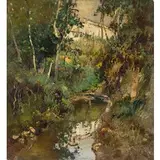 Giuseppe Casciaro, Ortelle (Le) 1863 - Napoli 1945 / Alberi con ruscello / Firmato 'G Casciaro' in basso, oil on panel