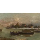 Mosè Bianchi, Monza (MI) 1840 - 1904 / Paesaggio lagunare al tramonto / Firmato 'M Bianchi' in basso a sinistra / Sul retro è presente un bozzetto siglato MB in basso a sinistra